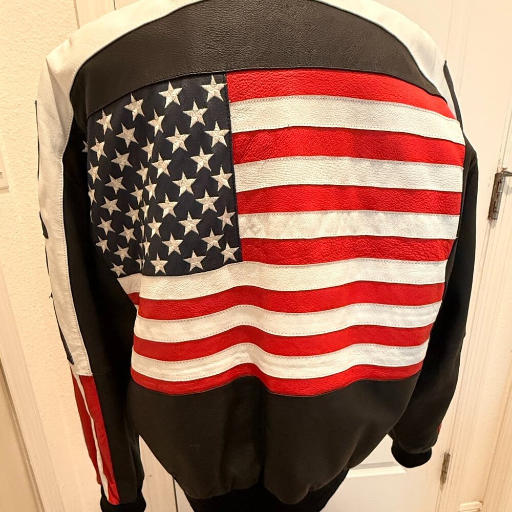🇺🇸 Vintage Michael Hoban “Where Mi” USA Flag Leather Jacket Rare Americana